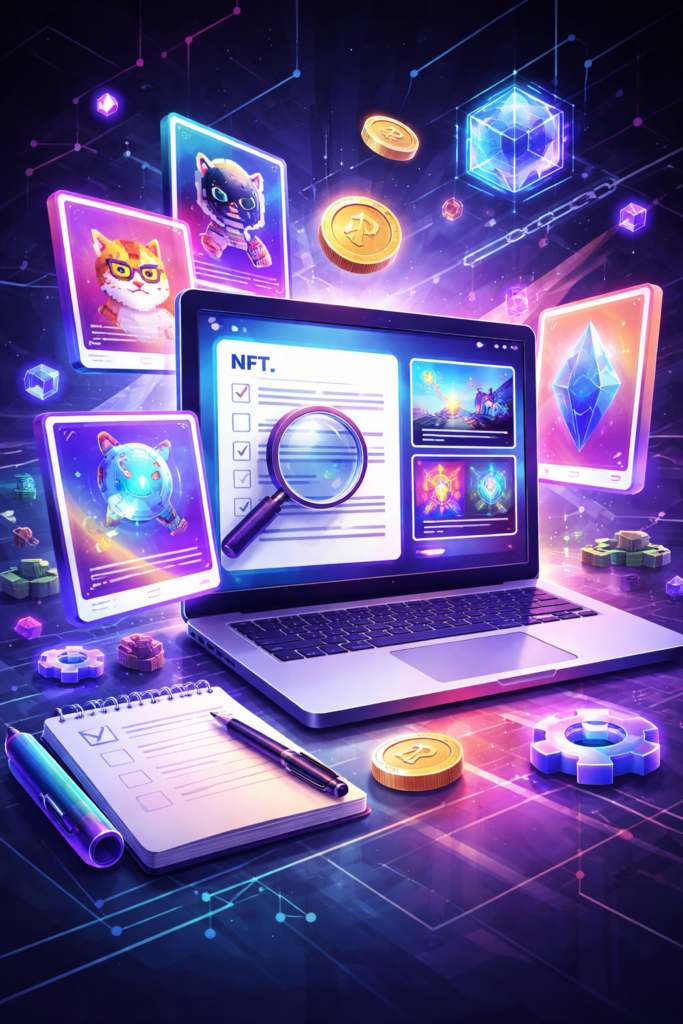 NFT Guides illustration showing tutorials, blockchain, and NFT art