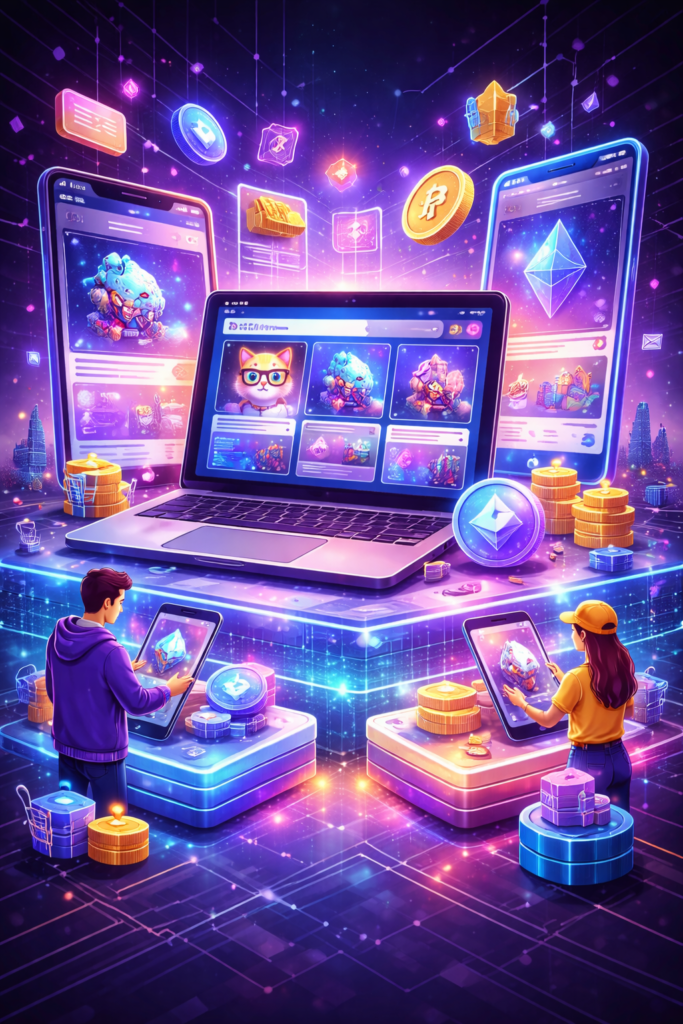 NFT marketplaces illustration showing digital art trading platforms and blockchain transactions