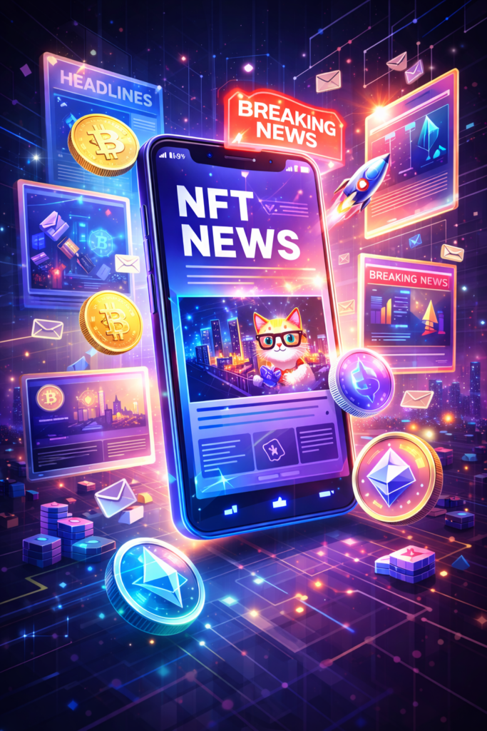 NFT news illustration showing breaking headlines, blockchain updates, and digital assets