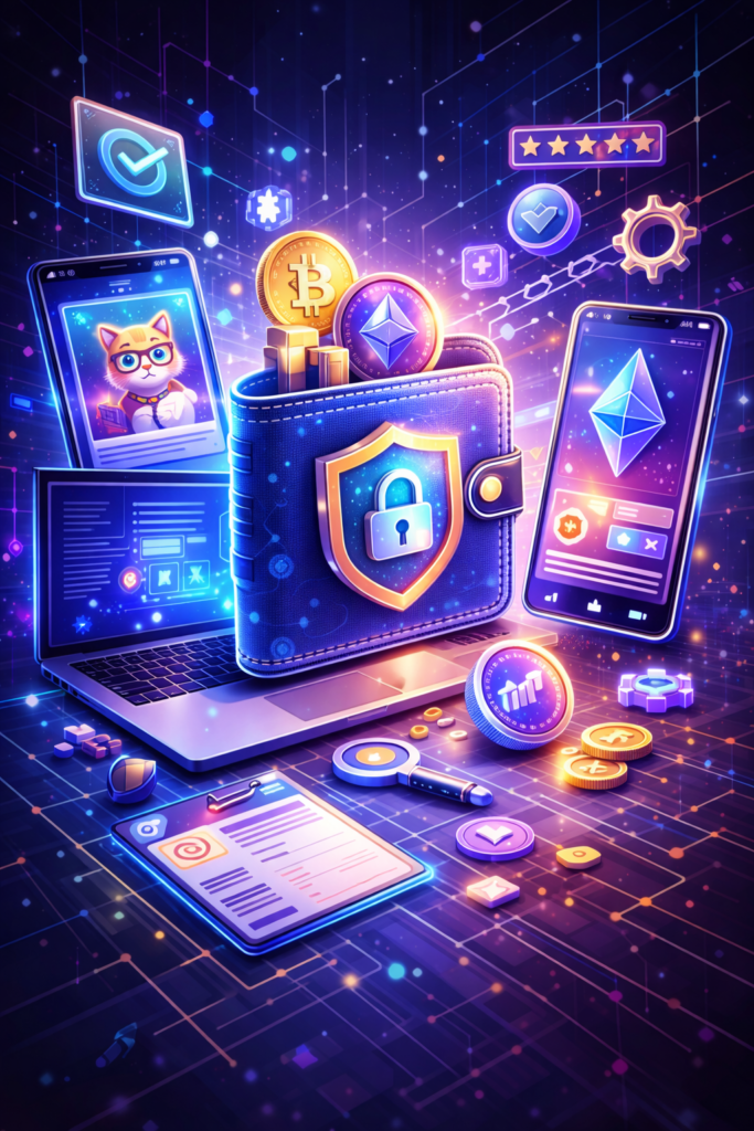 NFT wallets and tools illustration showing secure digital wallet, blockchain apps, and crypto assets