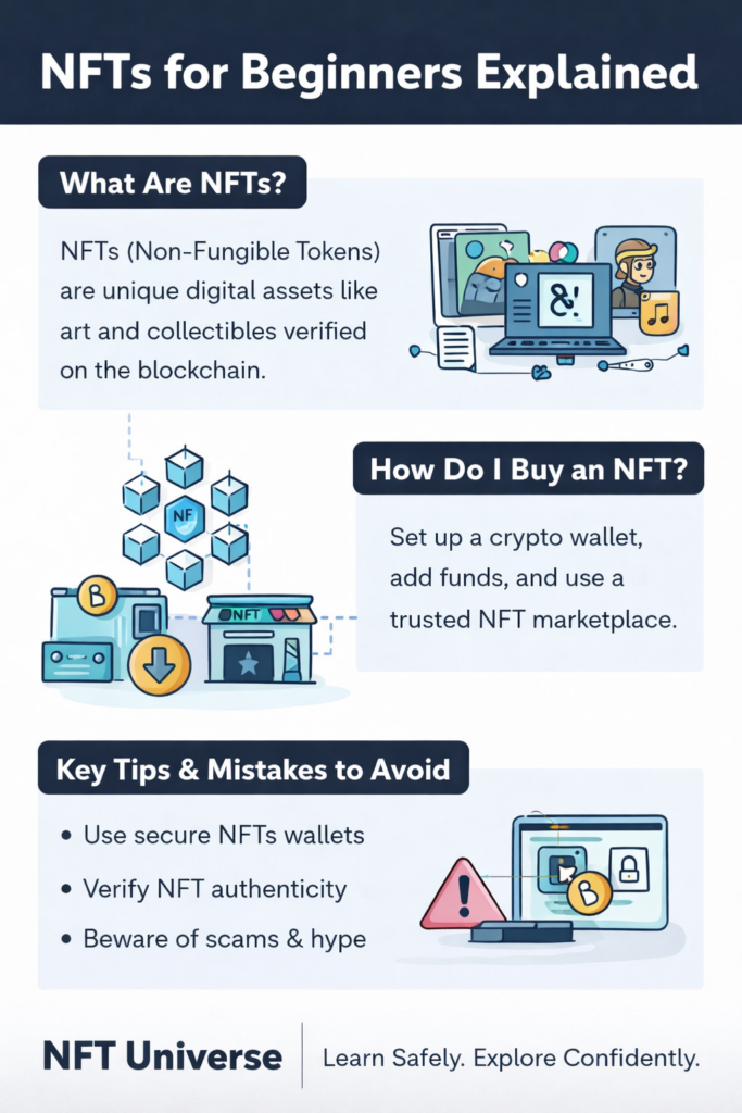 NFTs for beginners explained with blockchain, wallets, and digital collectibles