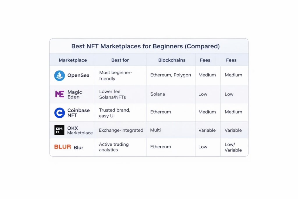 Comparison table of popular NFT marketplaces for beginners including OpenSea, Magic Eden, Coinbase NFT, OKX, and Blur