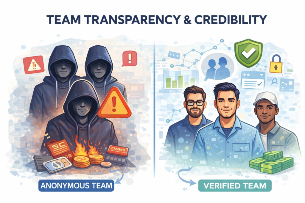 NFT team transparency and credibility comparison showing verified teams versus anonymous teams
