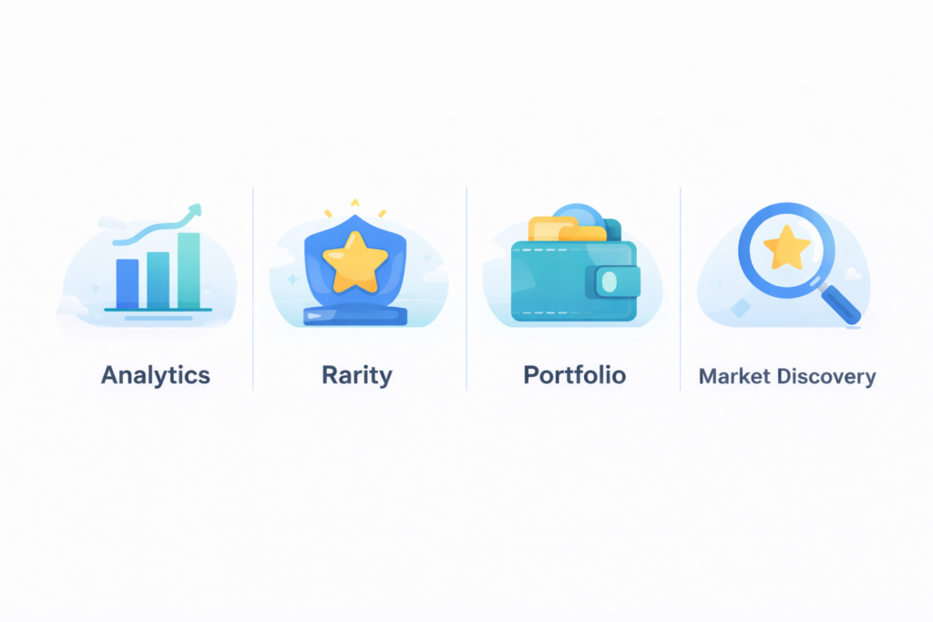 NFT tool categories for beginners including analytics, rarity, portfolio tracking, and market discovery