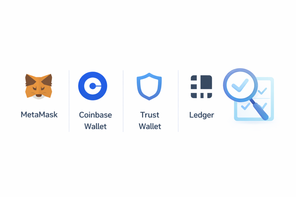 Comparison of beginner-friendly NFT wallet types with icons for MetaMask, Coinbase Wallet, Trust Wallet, and Ledger