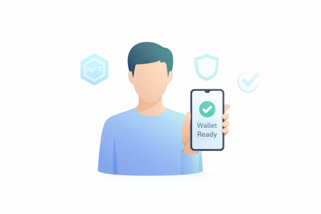 Beginner holding a smartphone showing a wallet ready confirmation for NFT setup