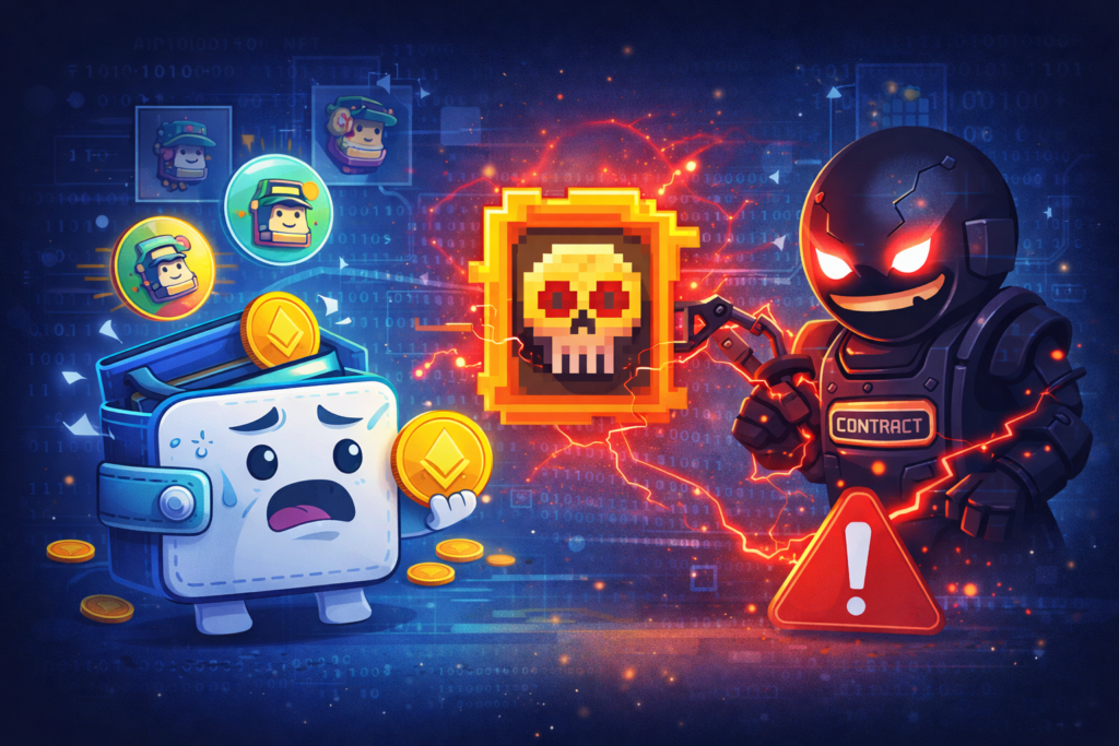 NFT airdrop scam illustration showing malicious contract and unsafe NFT