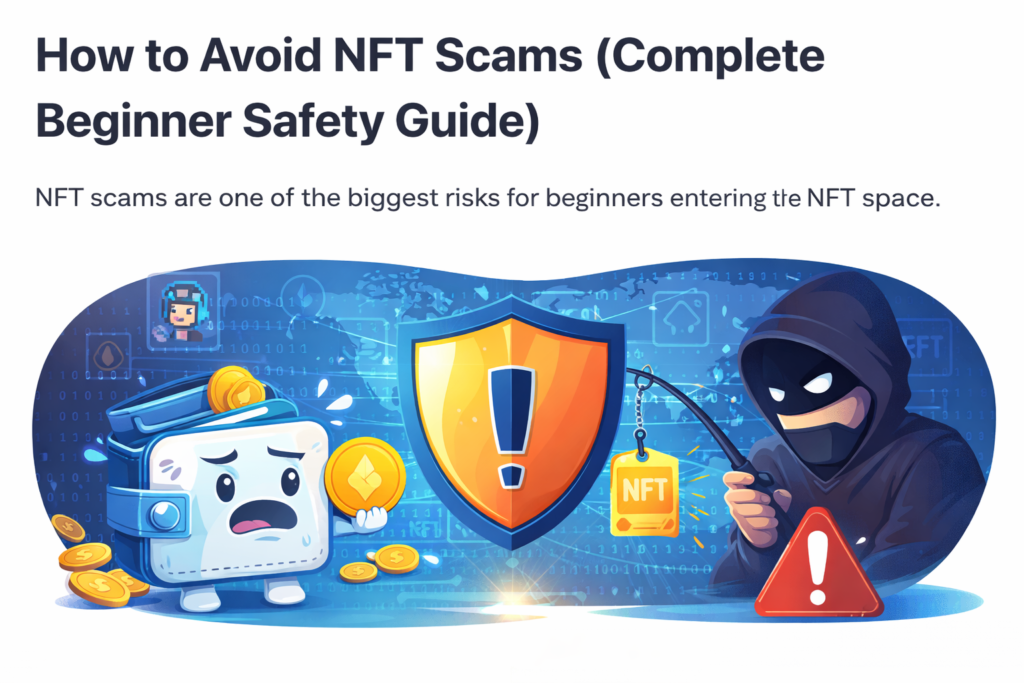 NFT scam warning illustration showing wallet security shield and phishing attacker