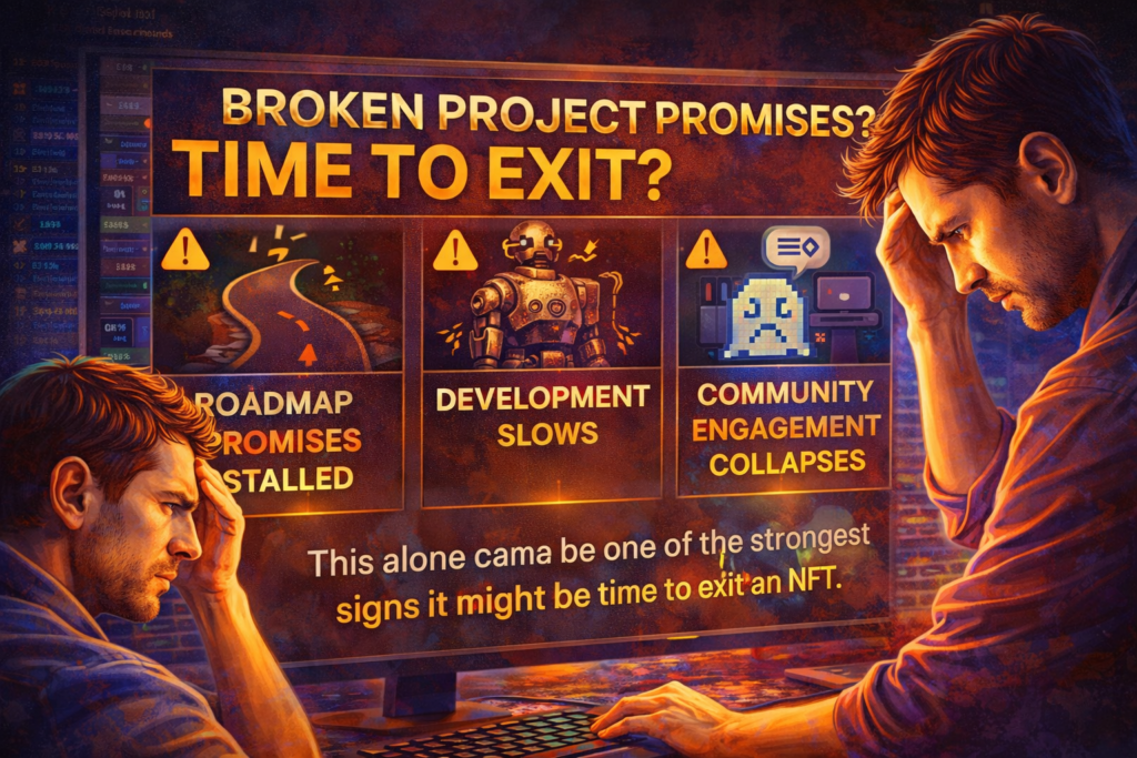 NFT project warning signs including stalled roadmap, slowing development, and collapsing community engagement