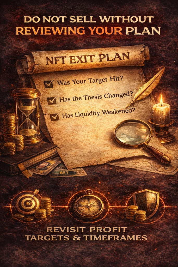 Infographic showing why you should not sell an NFT without reviewing your original exit plan, including checking profit targets, thesis changes, and liquidity conditions.