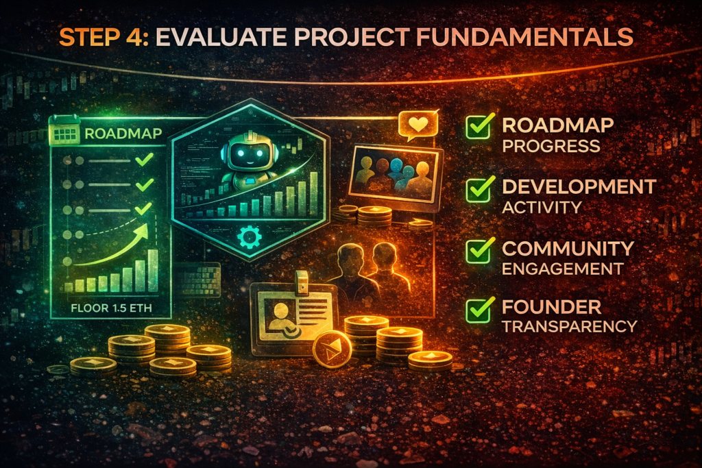 NFT project fundamentals infographic showing roadmap progress, development activity, community engagement and founder transparency checklist