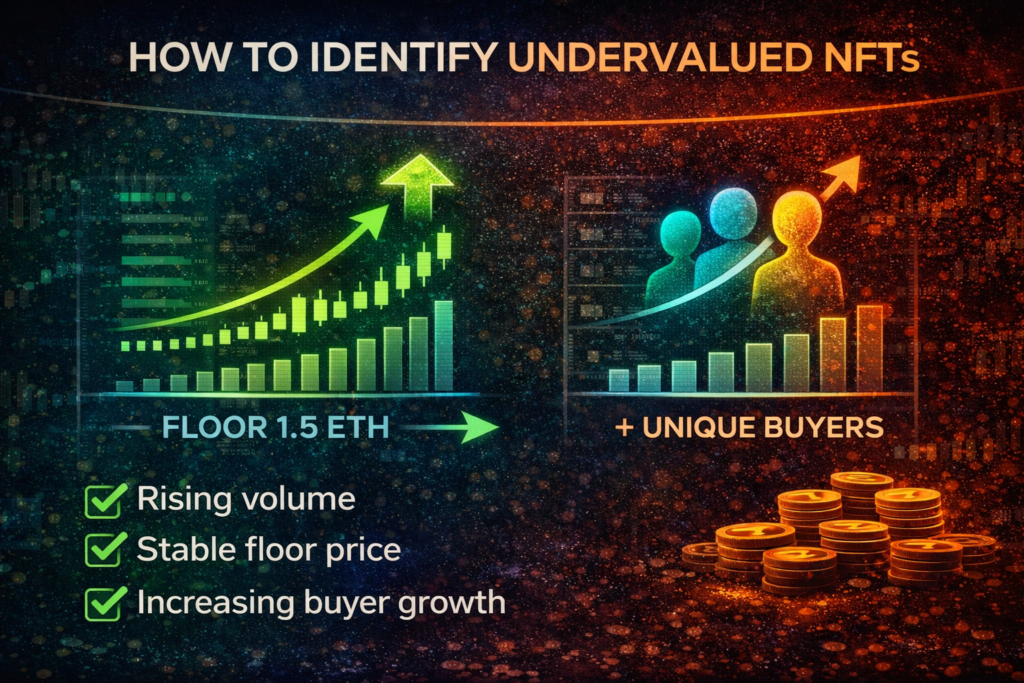 Undervalued NFT analysis infographic showing rising volume, stable floor price and increasing buyer growth before breakout