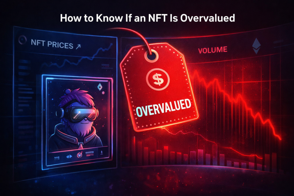 How to know if an NFT is overvalued infographic showing rising floor price, declining trading volume, and an overvalued warning tag
