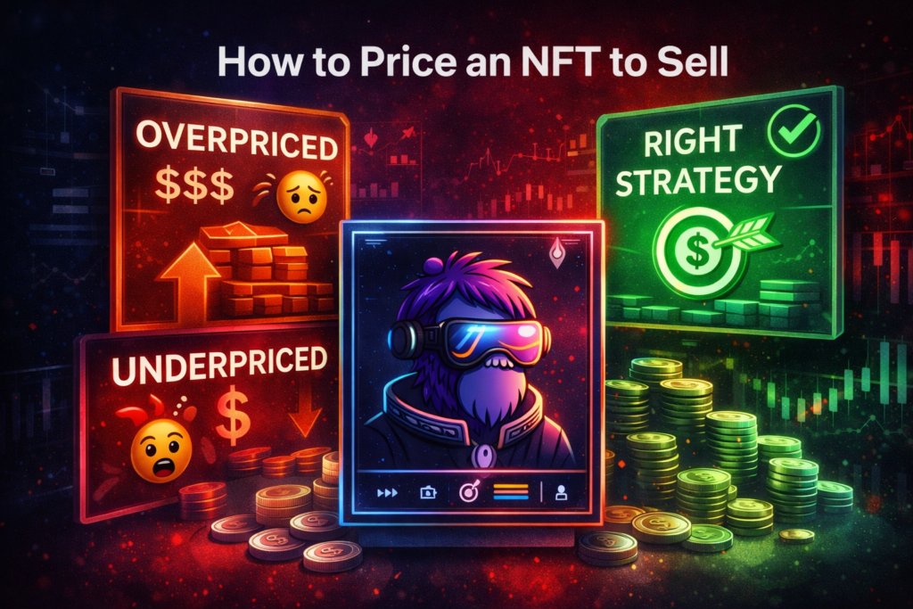How to price an NFT to sell infographic showing overpriced vs underpriced mistakes and correct pricing strategy