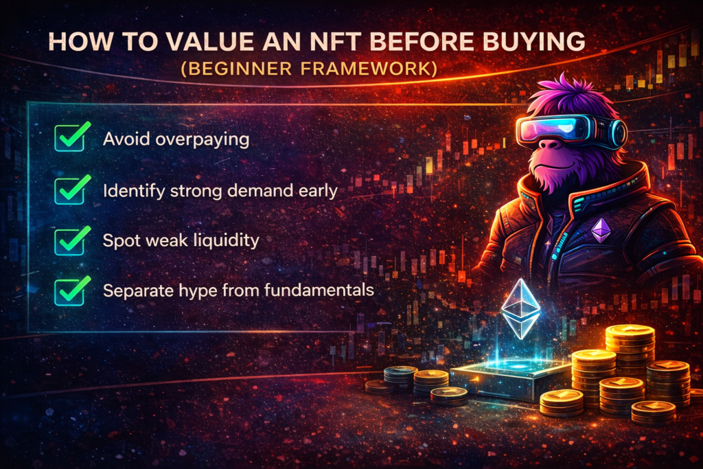 How to value an NFT before buying infographic showing floor price, volume trends, liquidity strength and beginner valuation framework
