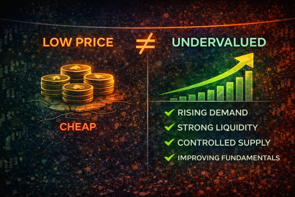 Low price vs undervalued NFT infographic showing rising demand, strong liquidity, controlled supply and improving fundamentals