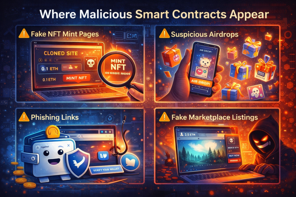 Common malicious smart contract scenarios including fake mint pages and phishing links