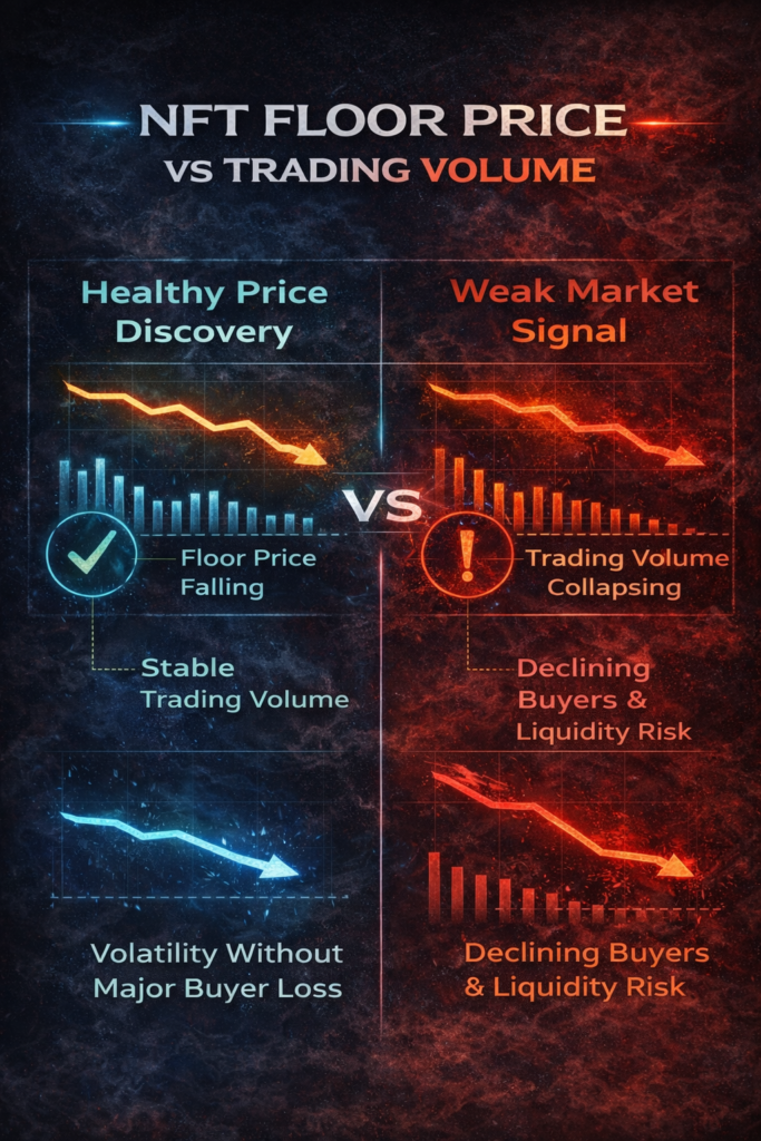 Infographic comparing NFT floor price vs trading volume showing healthy price discovery with stable volume versus weak market signal with collapsing volume and declining buyers.