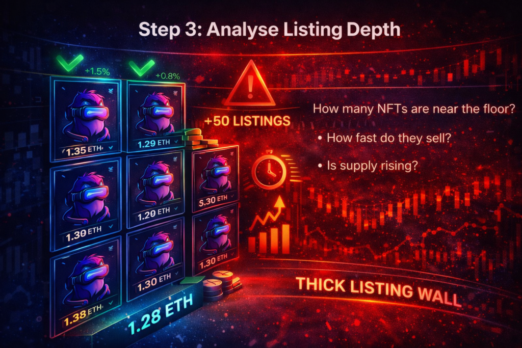 NFT listing depth analysis infographic showing thick listing wall near floor price and liquidity risk