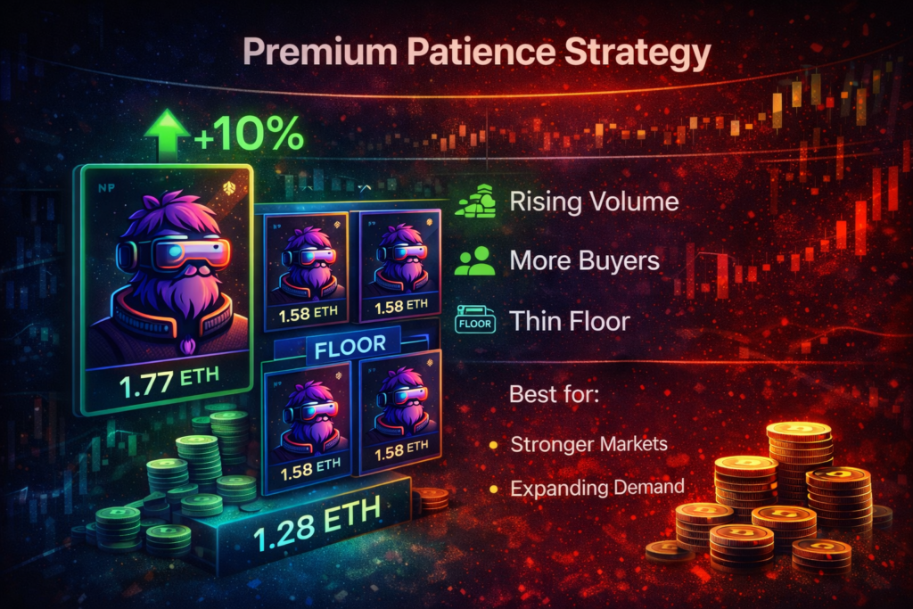 NFT premium patience pricing strategy infographic showing thin floor, rising volume, and increasing buyers