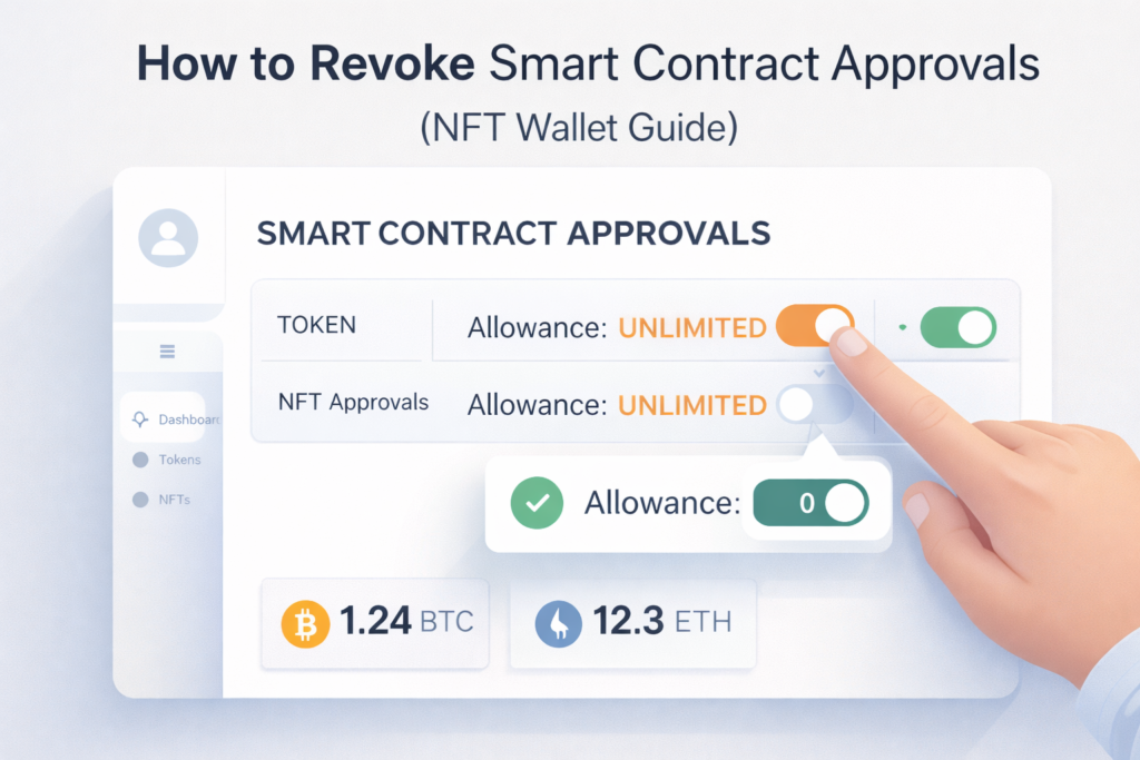 Crypto wallet dashboard showing revoking smart contract approvals and setting allowance to zero