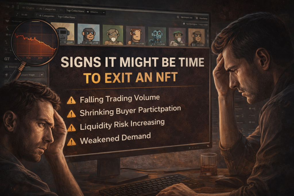 Illustration showing signs it might be time to exit an NFT including falling trading volume, shrinking buyer participation, liquidity risk, and weakening demand.