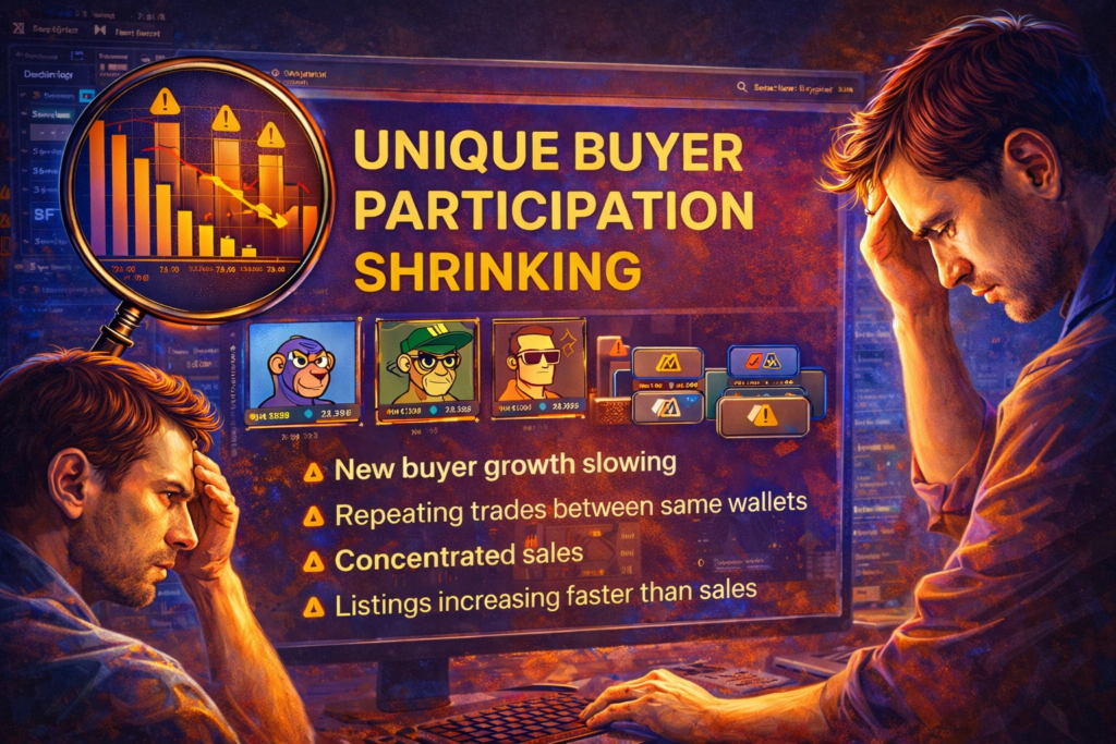 Unique buyer participation shrinking in NFT market with declining volume chart and warning signs