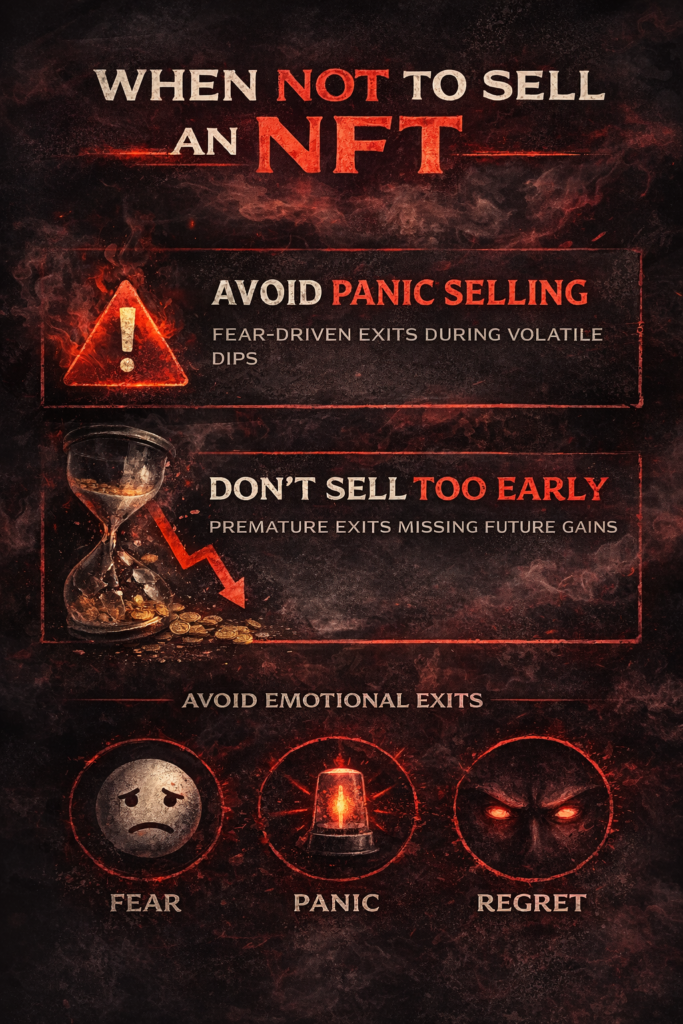 Infographic showing when not to sell an NFT, highlighting panic selling, emotional exits, premature profit taking, and declining volume signals.