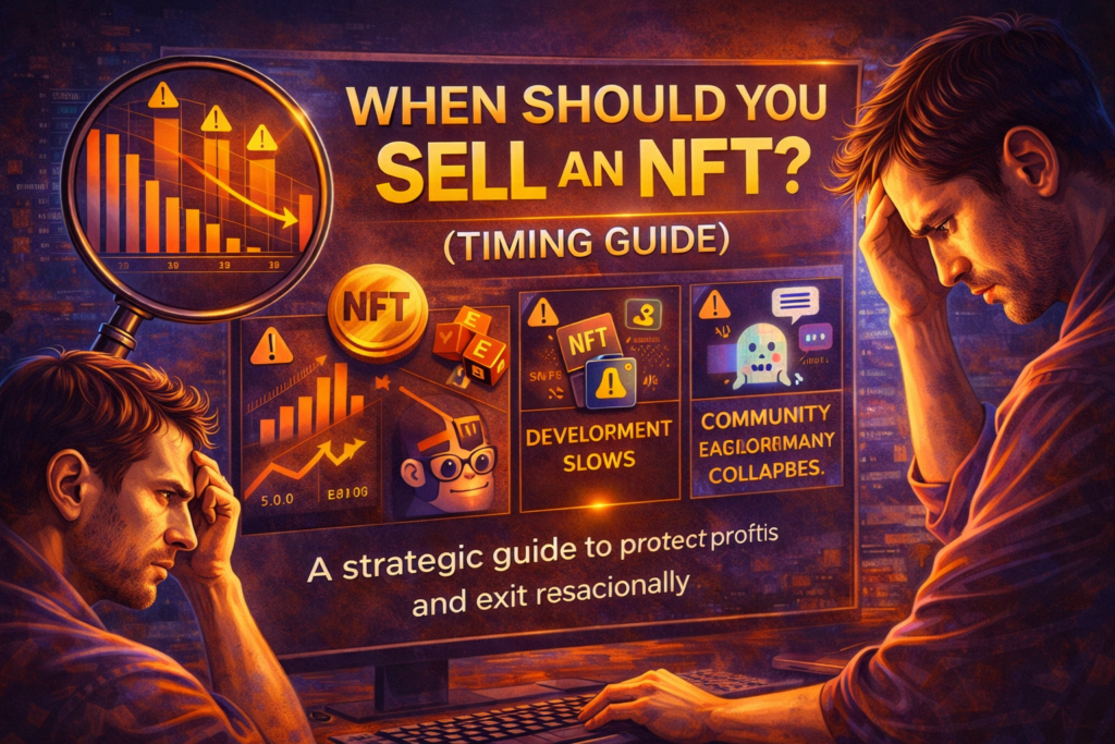 How to time selling an NFT infographic showing declining trading volume, weakening demand, and exit timing signals