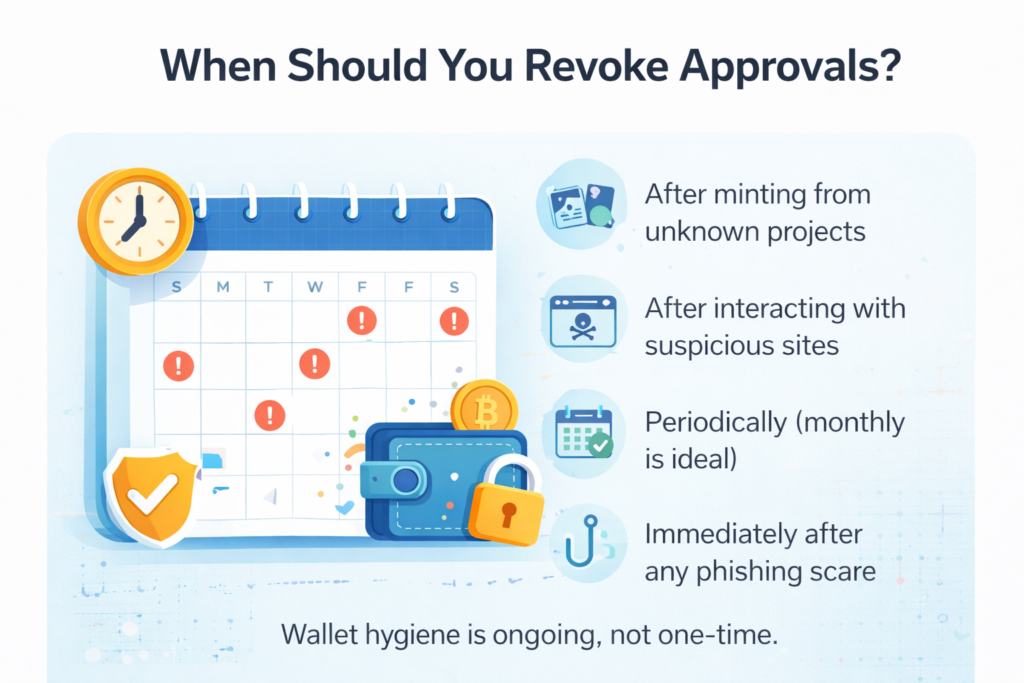 Calendar reminder showing when to revoke smart contract approvals in NFT wallet