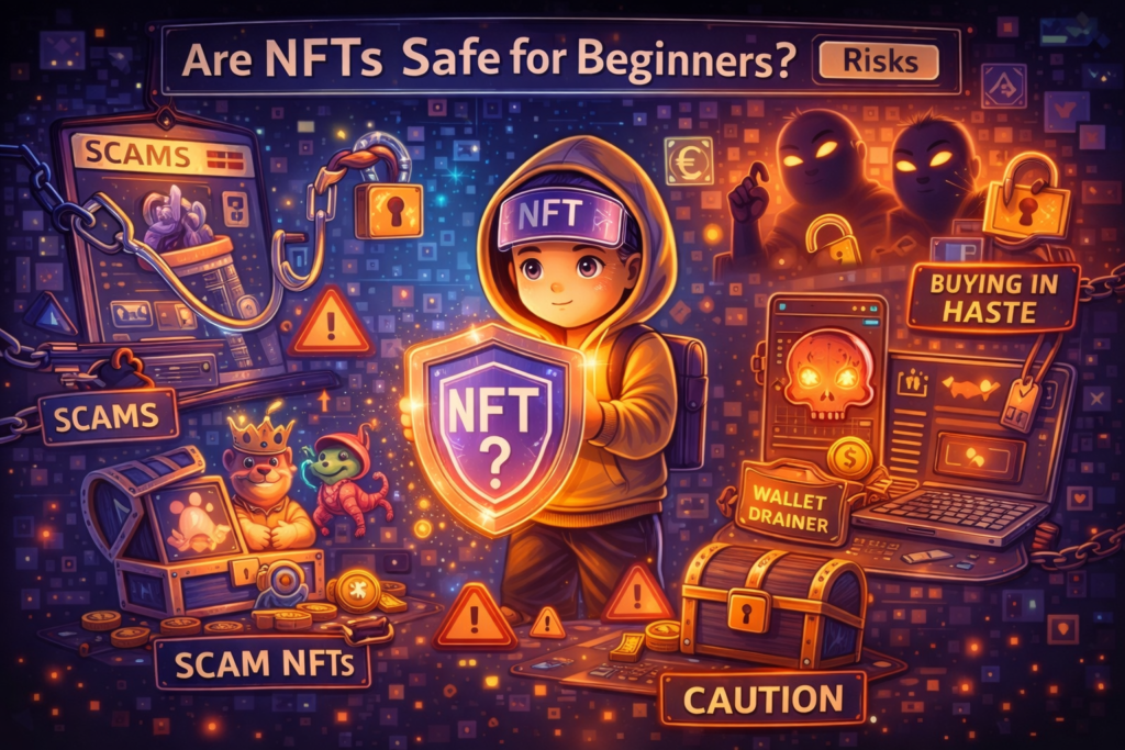 Are NFTs safe for beginners? Illustration showing common NFT risks like scams, wallet drainers, and security threats