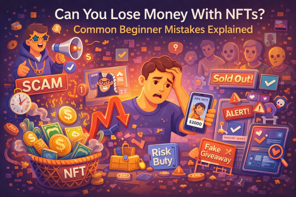 Can you lose money with NFTs? Illustration showing common beginner mistakes like hype buying, scams, fake giveaways, and falling NFT prices