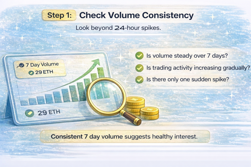 Illustration showing how to check NFT volume consistency over 7 days using trend charts