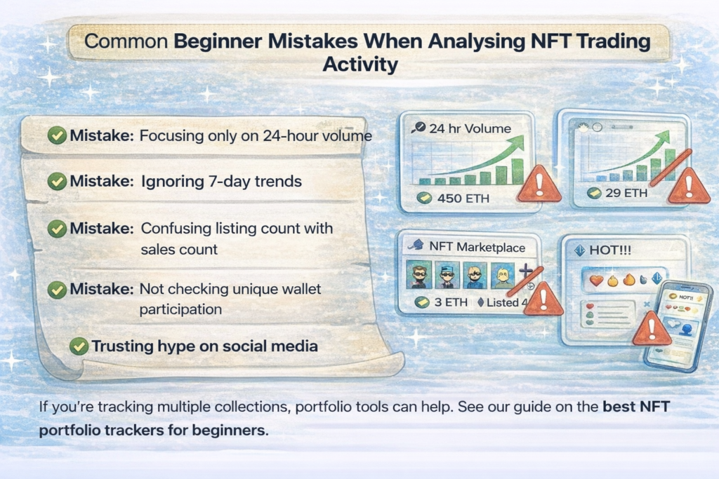 Illustration showing common beginner mistakes when analysing NFT trading activity
