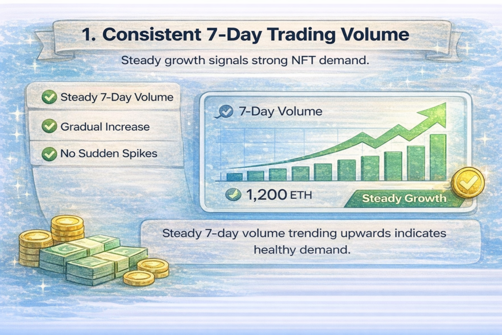 Illustration showing consistent 7 day NFT trading volume trend indicating strong demand