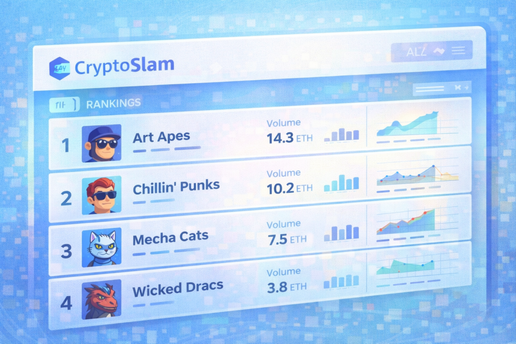 CryptoSlam NFT analytics tool showing sales volume and rankings