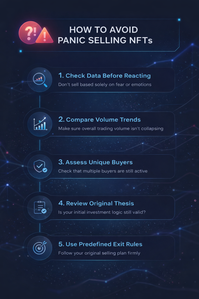 How to avoid panic selling NFTs by checking volume trends, assessing unique buyers, and following predefined exit rules