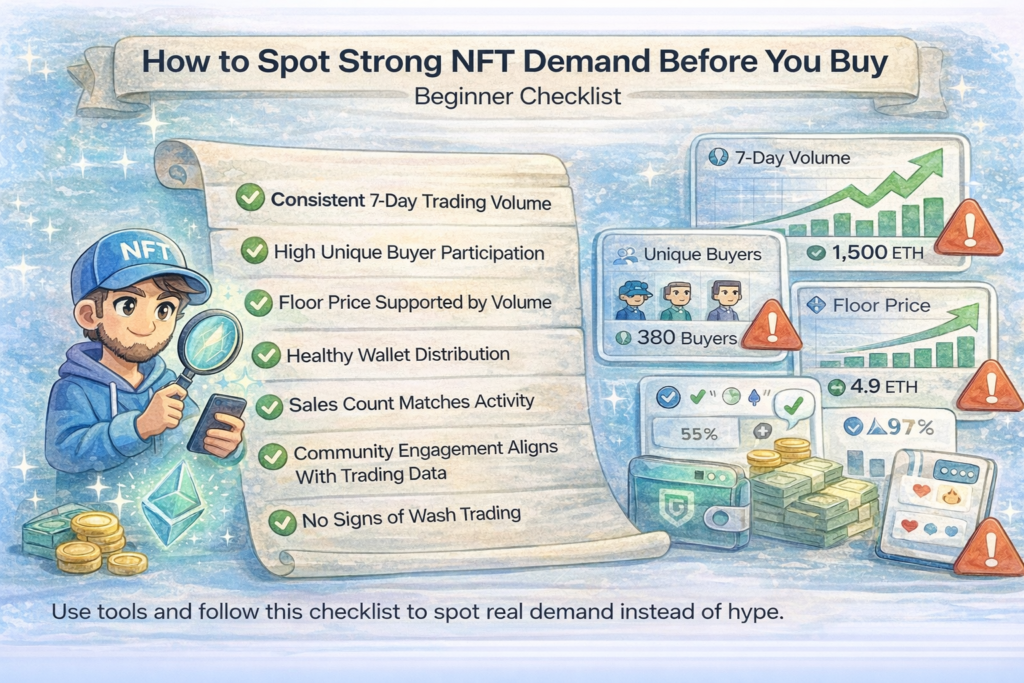 Illustration showing how to spot strong NFT demand using volume, buyer participation and floor price data