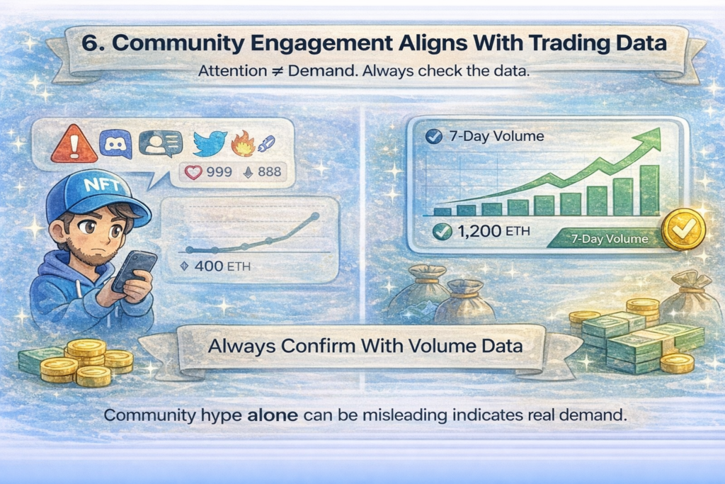 Example of strong NFT demand where community engagement aligns with trading volume trends