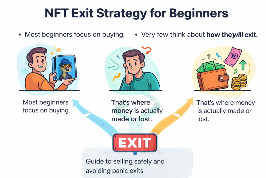 NFT exit strategy for beginners explaining when to sell NFTs, take profits safely, and avoid panic selling during volatility