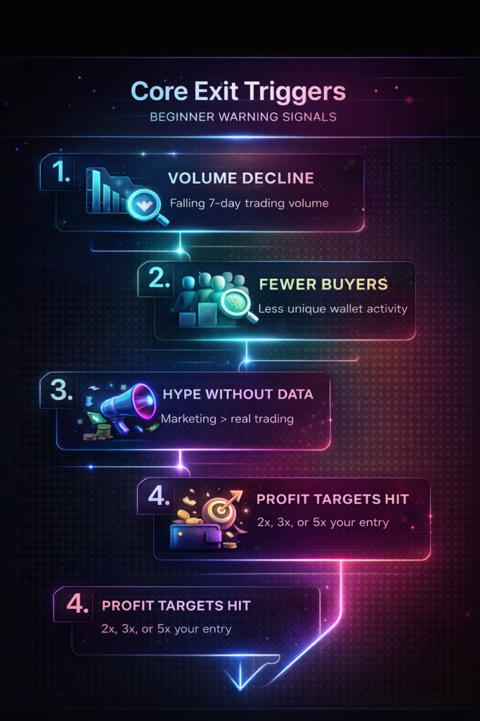 Core NFT exit triggers including volume decline, shrinking buyer participation, hype without data, and predefined profit targets