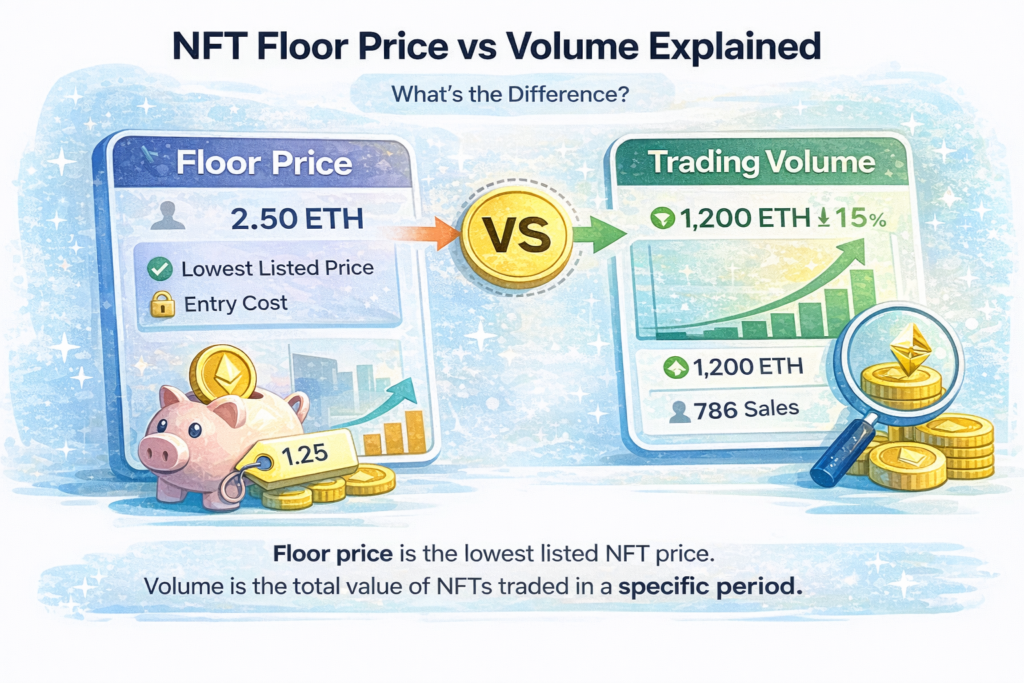 Infographic comparing NFT floor price and trading volume side by side