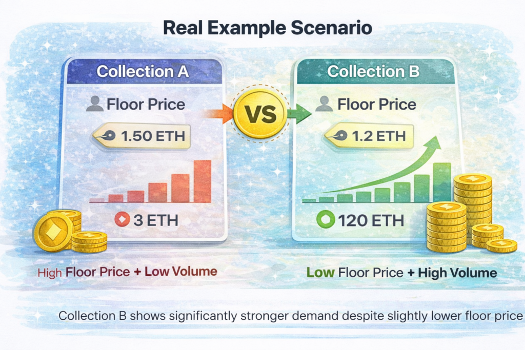 Real example comparing NFT floor price and 24 hour trading volume between two collections