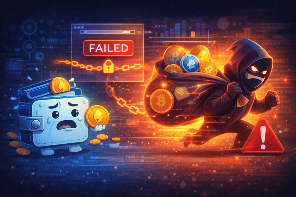 NFT scam aftermath illustration showing stolen crypto and irreversible transaction