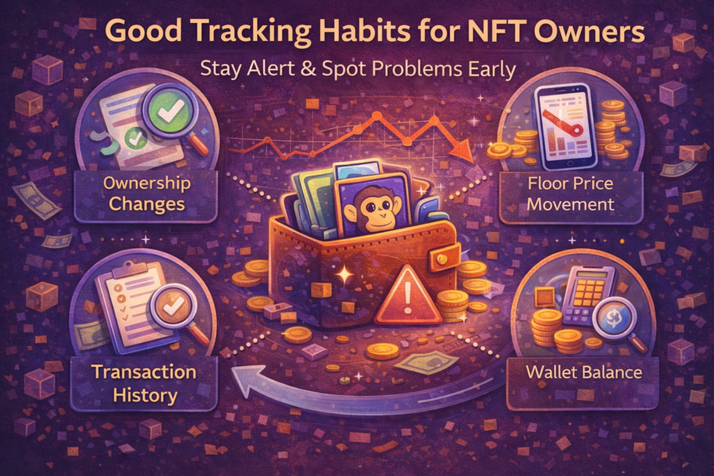 Good tracking habits for NFTs including monitoring ownership changes, floor price movement, transaction history, and wallet balance activity
