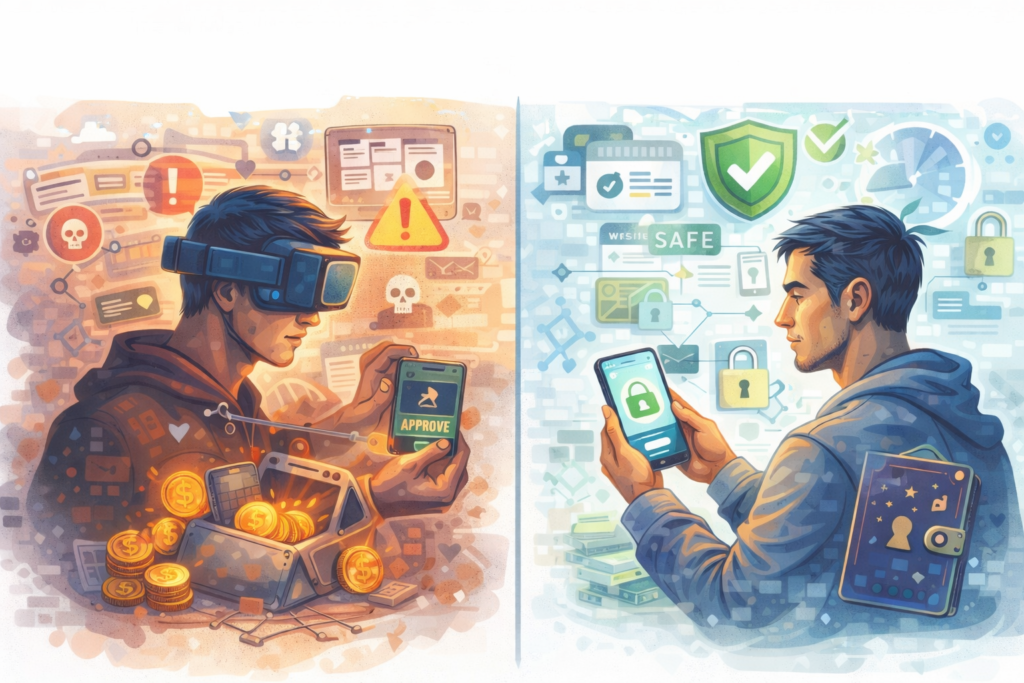 NFT wallet safety after buying an NFT showing secure vs risky wallet behavior