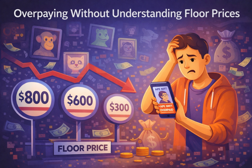 A visual reminder of how overpaying above the floor price can quickly turn into a loss when NFT demand drops.