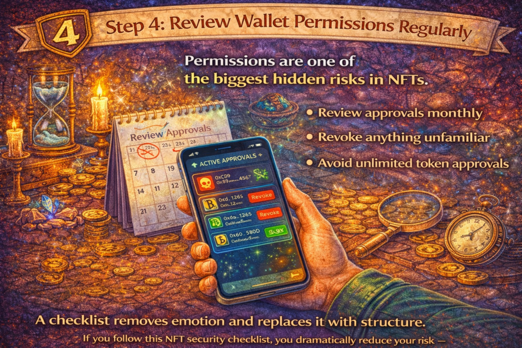 Review wallet permissions regularly to reduce NFT security risk