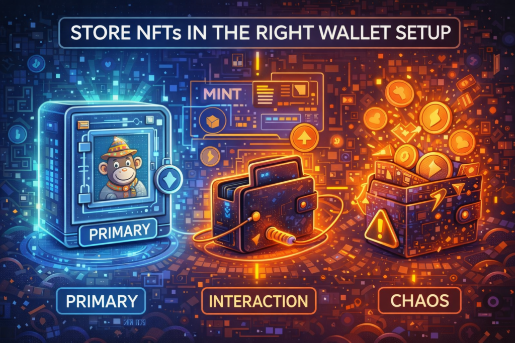 Store NFTs in the right wallet setup using a primary wallet and interaction wallet to avoid security risks