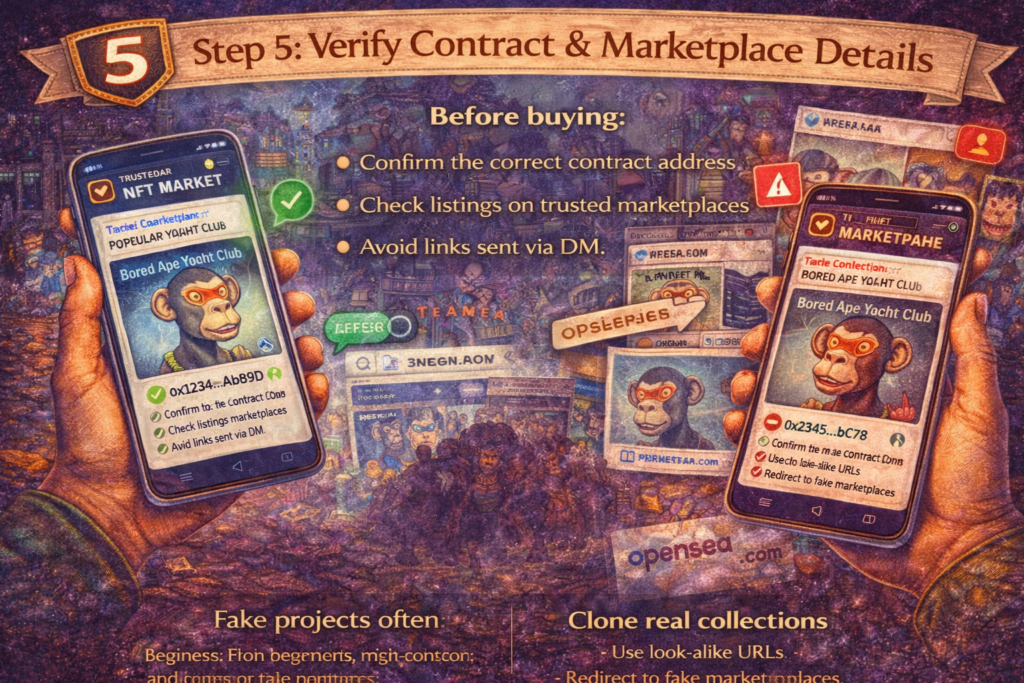 Verify NFT contract address and marketplace details before buying